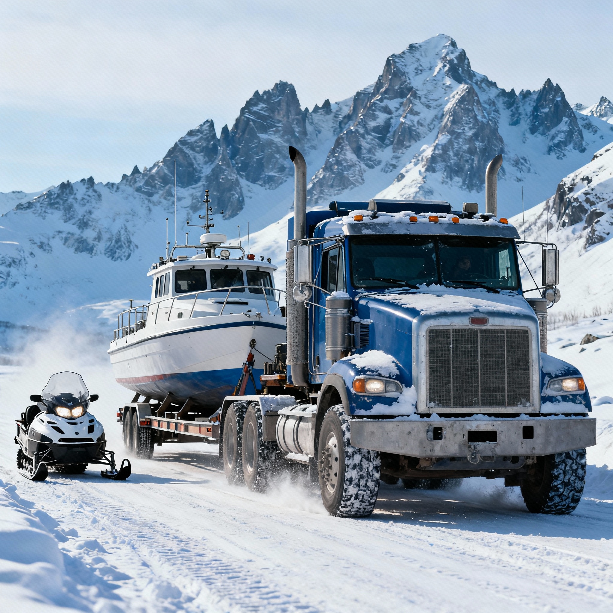 Truck and boat in winter setting